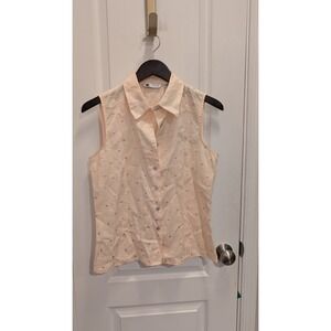 Carole Little Sleeveless‎ Button Up Blouse Top Pink Polka Dot Linen Size Medium
